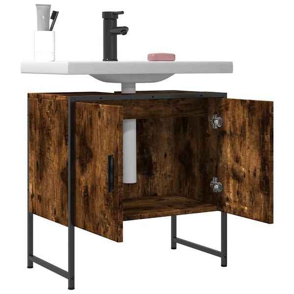 vidaXL Bathroom Sink Cabinet Smoked Oak Engineered Wood, Powder-Coated Steel