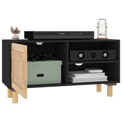 vidaXL TV Cabinet Black 31.5"x11.8"x15.7" Solid Wood Pine and Natural Rattan