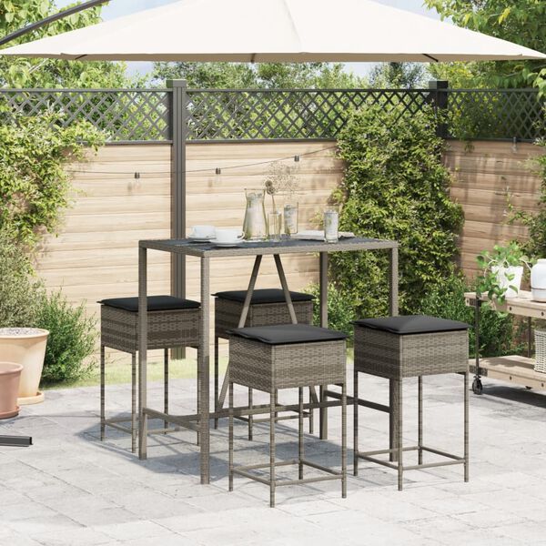 vidaXL Garden Bar Set Grey PE rattan, powder-coated steel, tempered glass