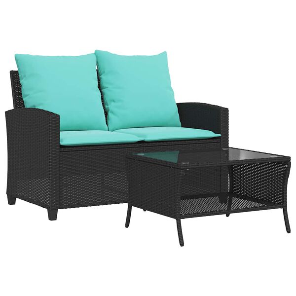 vidaXL Patio Sofa 2-Seater with Cushions&Table Black Poly Rattan