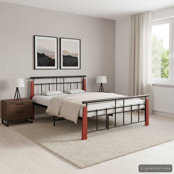 vidaXL Bed Frame Black, Dark Oak Powder-coated metal, solid oak wood