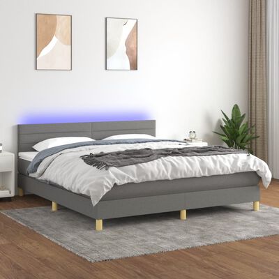 vidaXL Box Spring Bed with Mattress&LED Dark Gray King Fabric