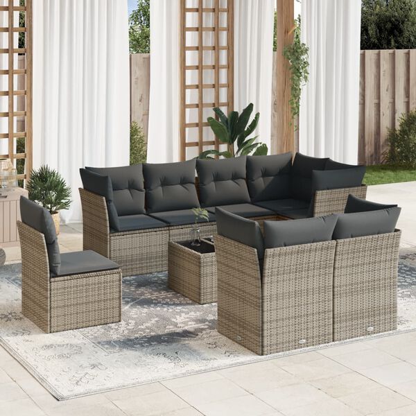 vidaXL Garden Sofa Set Grey PE Rattan, Powder-Coated Steel, Tempered Glass