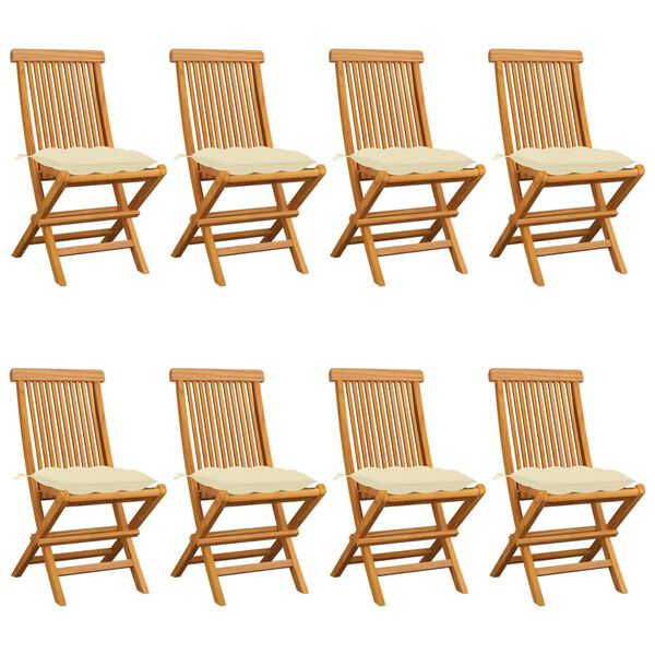 vidaXL Garden Chair Set of 8 Cream White Cushions, Natural Teak Wood