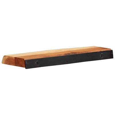 Wooden shelf board with black end brackets or supports attached underneath.