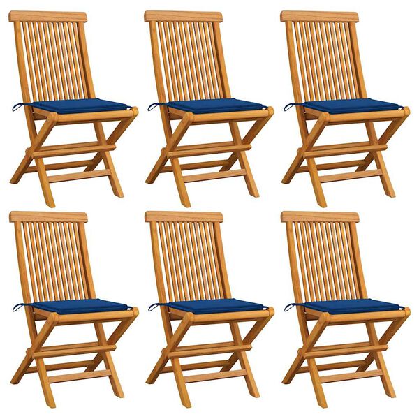 vidaXL Patio Chairs with Royal Blue Cushions 6 pcs Solid Teak Wood