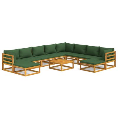 vidaXL 11 Piece Patio Lounge Set with Green Cushions Solid Wood