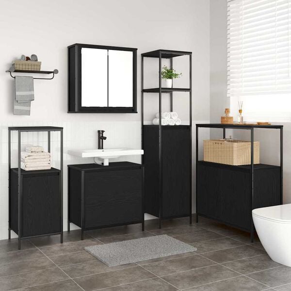 vidaXL Bathroom Furniture Set with Shelf 5 pcs Black 76.5 x 35 x 95 cm