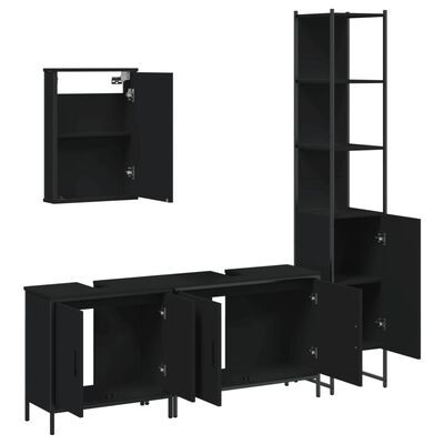 Wall cabinet with multiple shelves and a tall vertical cabinet with doors, all in black.