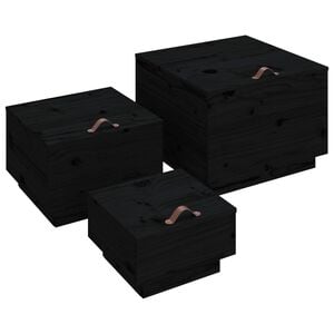 vidaXL Storage Box Set of 3 Black Solid pine wood Large, Medium, Small