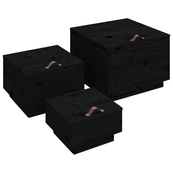 vidaXL Storage Box Set of 3 Black Solid pine wood Large, Medium, Small