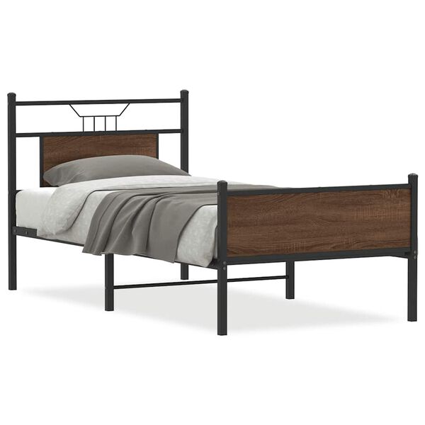 vidaXL Bed Frame Brown Oak Engineered Wood and Steel Single Bed Frame