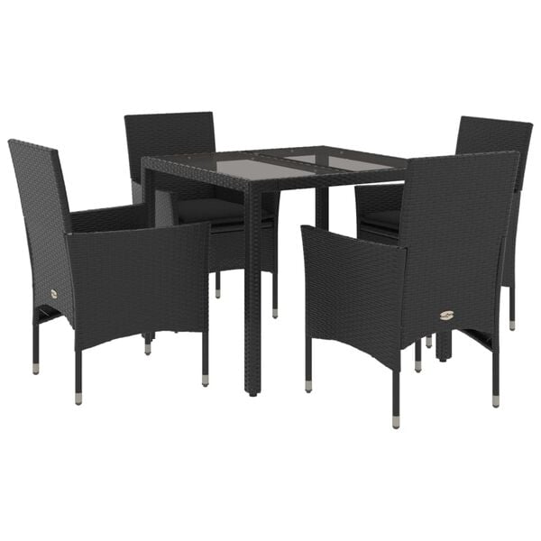 vidaXL 5 Piece Patio Dining Set with Cushions Black Poly Rattan and Glass