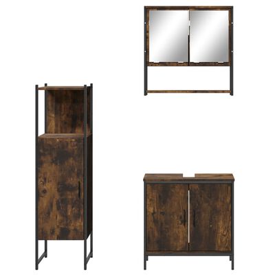 Wall-mounted mirror cabinet and vanity with storage, and tall cabinet in rustic finish
