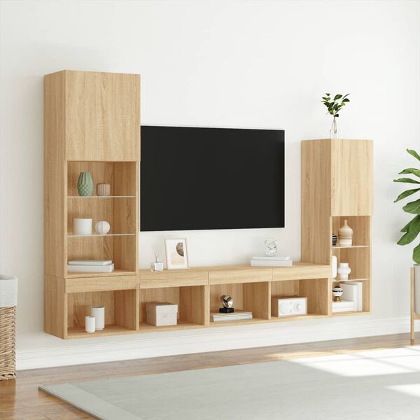 vidaXL TV Wall Unit Sonoma Oak Engineered Wood, Glass Medium
