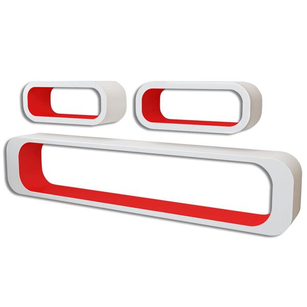 3 White-Red MDF Floating Wall Display Shelf Cubes Book/DVD Storage