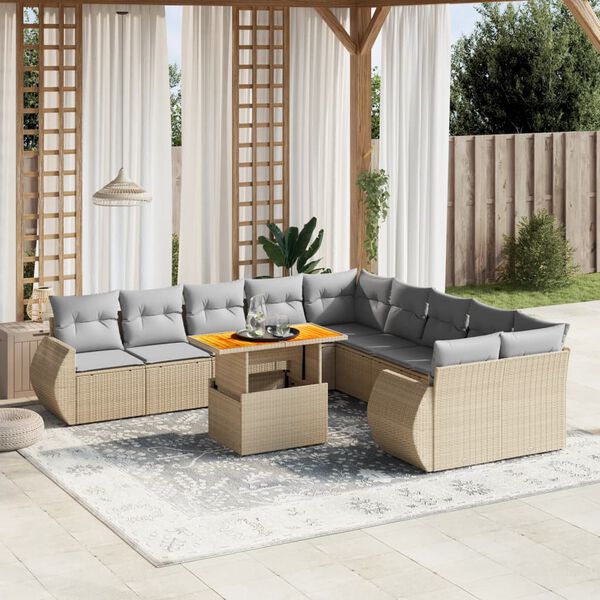 vidaXL Garden Sofa Set Beige PE Rattan Large Adjustable Armrests