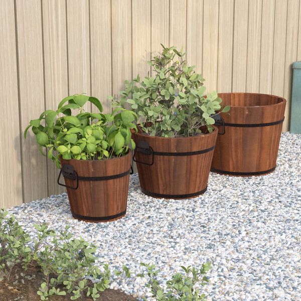 vidaXL Bucket Planter Set Set of 3 Burned Wood Solid Fir Wood