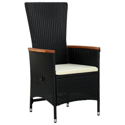 Close-up of a black wicker chair armrest with a wooden accent