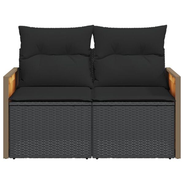 vidaXL Garden Sofa Black Poly Rattan, Powder-Coated Steel, Solid Acacia Wood
