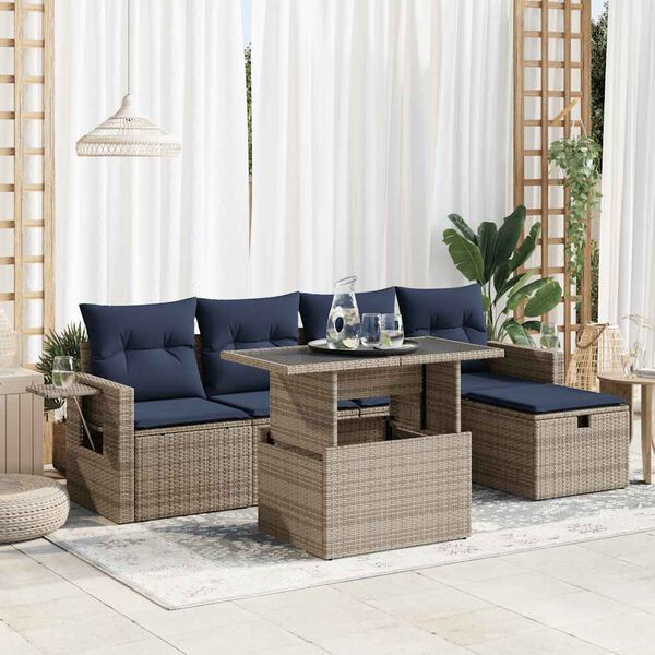vidaXL 6 Piece Patio Sofa Set with Cushions Grey Poly Rattan Acacia