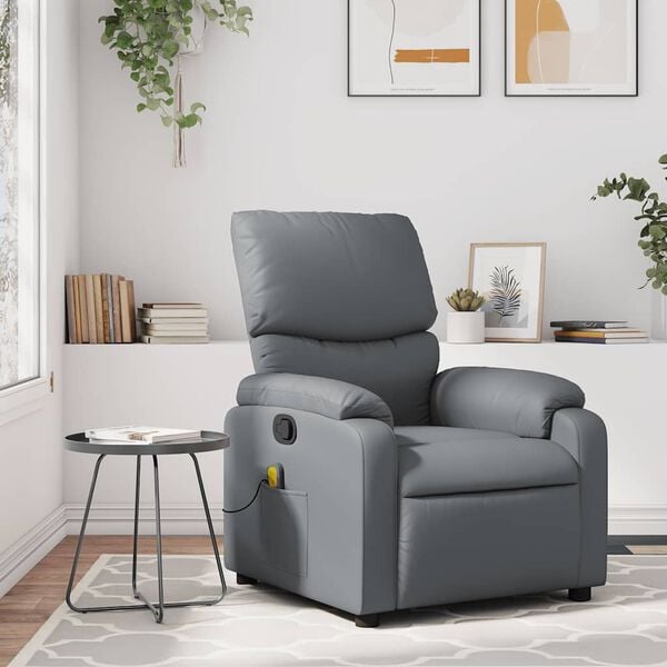vidaXL Massage Recliner Chair Grey Faux Leather, Metal, Plywood Single