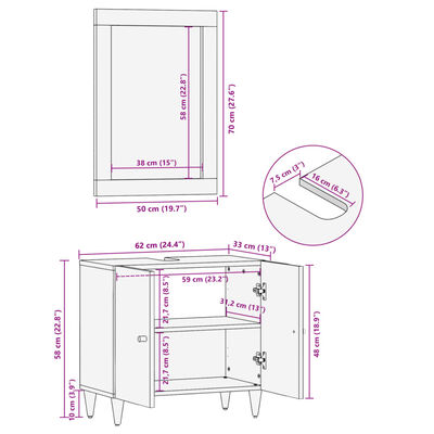 Technical dimensions diagram of cabinet showing measurements in centimeters and inches.