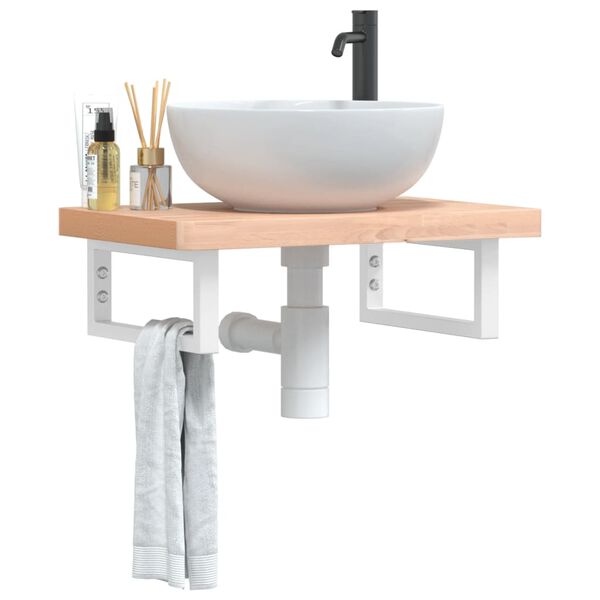 vidaXL Basin Shelf White, Natural Beech Steel, Solid Beech Wood