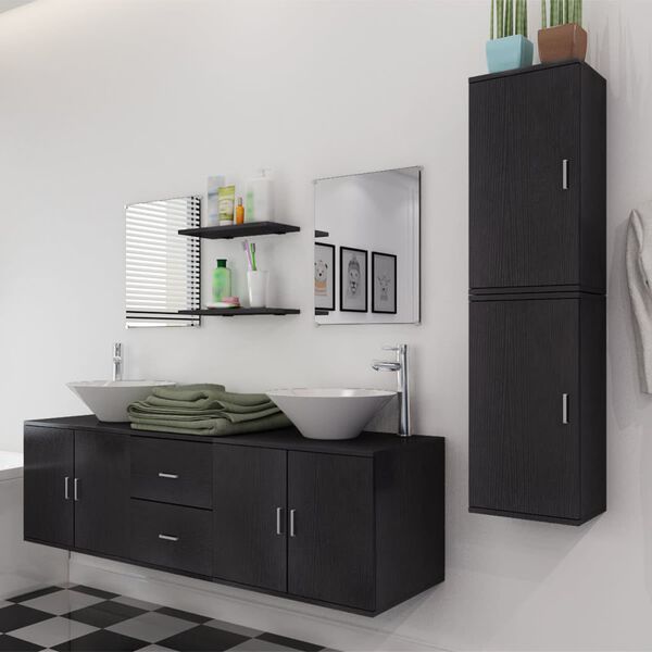 vidaXL Bathroom Cabinet Black Engineered wood and ceramic Large
