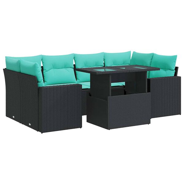 vidaXL 7 Piece Patio Sofa Set with Cushions Black Poly Rattan Acacia