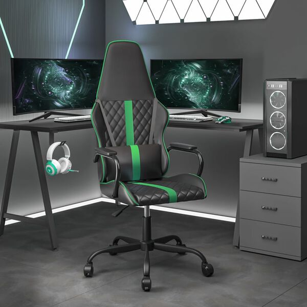 vidaXL Gaming Chair Black and Green Faux leather Standard