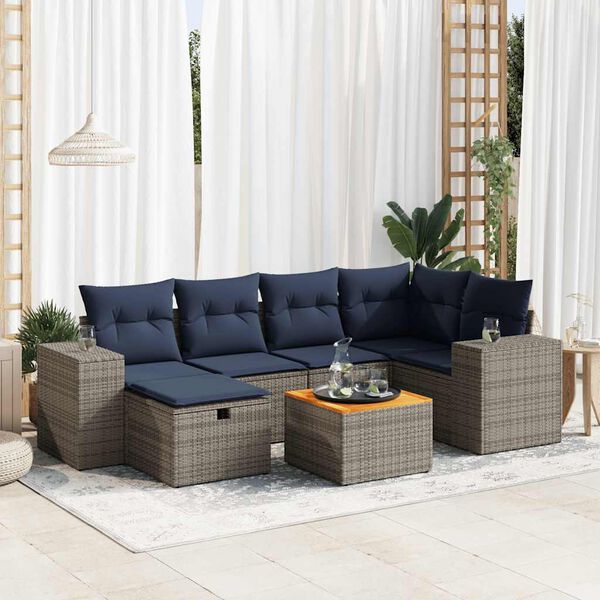 vidaXL 7 Piece Patio Sofa Set with Cushions Gray Poly Rattan