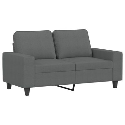 Grey loveseat-style sofa with two back cushions and tapered legs