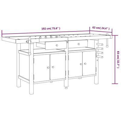 vidaXL Workbench with Drawers and Vices 75.6"x24.4"x32.7" Solid Wood Acacia