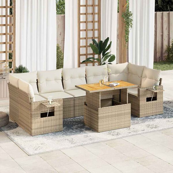 vidaXL Garden Sofa Set Beige PE Rattan Large Adjustable Armrests