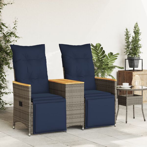 vidaXL Reclining Patio Sofa 2-Seater with Table Gray Poly Rattan