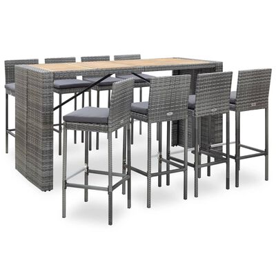 vidaXL 9 Piece Patio Bar Set Poly Rattan and Acacia Wood Gray