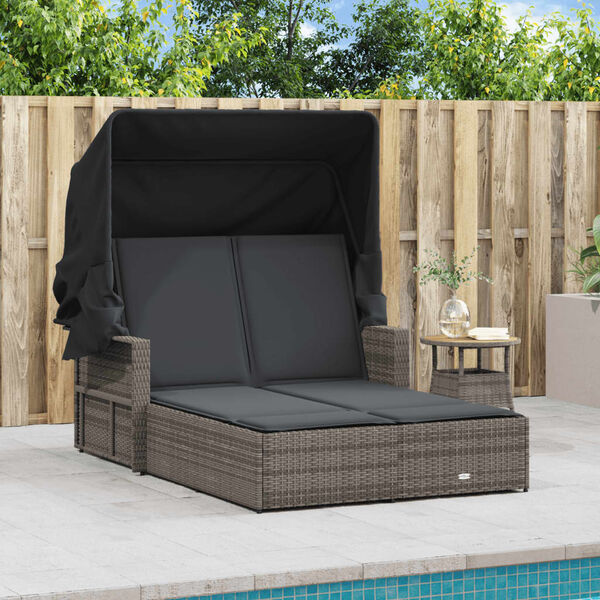 vidaXL Double Sun Lounger Grey PE Rattan Double Adjustable Armrests