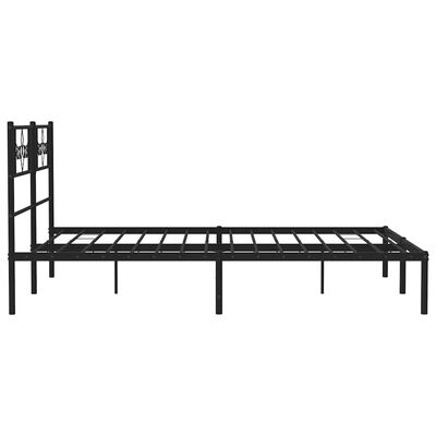 A full-size black metal bed frame shown in profile from the side, with extended legs and no mattress.