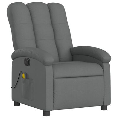 Grey recliner chair front-left view showing armrest and side pocket.