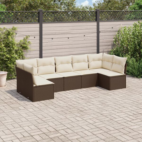 vidaXL Garden Sofa Set Brown and Cream PE Rattan 7 Piece Adjustable Feet