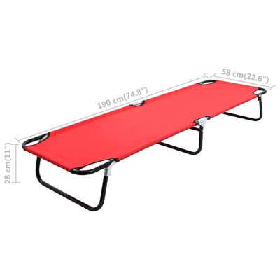 Red camping cot with dimensions overlay, length 190 cm, width 58 cm, height 28 cm.