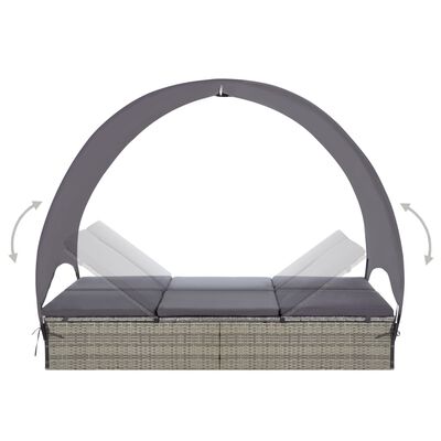 vidaXL Double Sun Lounger with Canopy Poly Rattan Gray