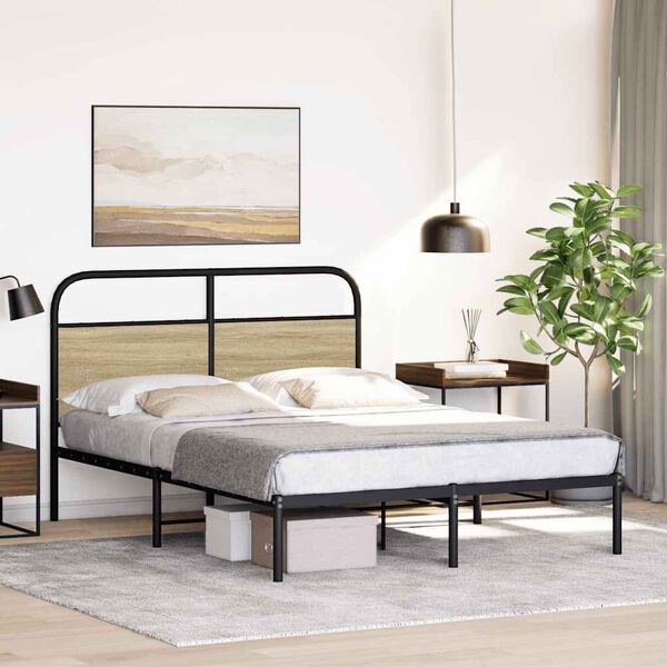 vidaXL Bed Frame Sonoma Oak Steel, Engineered Wood Double Bed Frame
