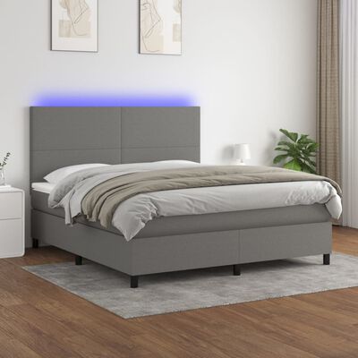 vidaXL Box Spring Bed with Mattress&LED Dark Gray Queen Fabric