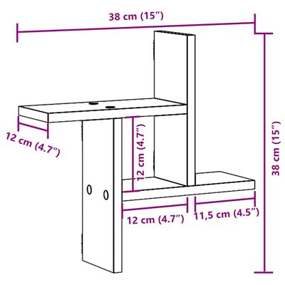 Technical diagram showing dimensions of a wall-mounted desk/shelving unit with measurements