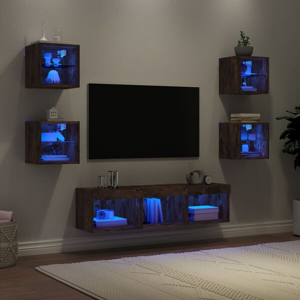 vidaXL TV Wall Unit Set of 7 Smoked oak Engineered wood, glass Medium