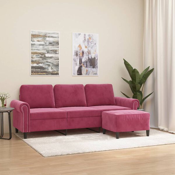 vidaXL 3-Seater Sofa with Footstool Wine Red 70.9" Velvet