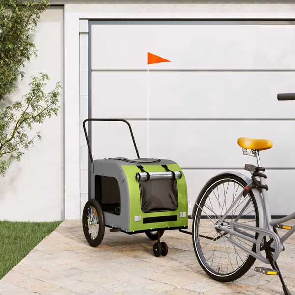 vidaXL Pet Bike Trailer Green and Grey Oxford fabric, Iron, PVC