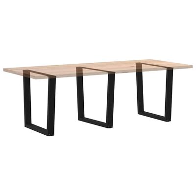 Table with three black metal frame legs and a wooden tabletop.
